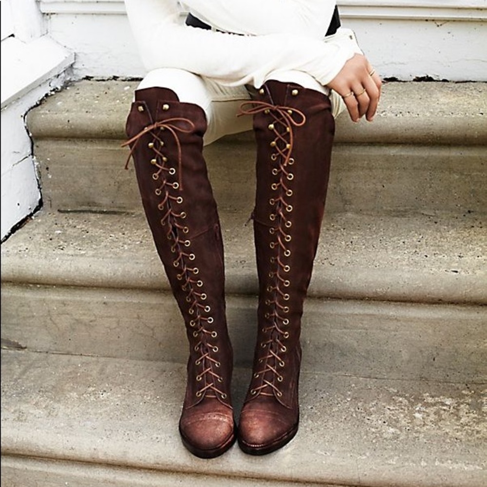 JEFFREY CAMPBELL LACE UP SUEDE OVER THE KNEE BOOTS